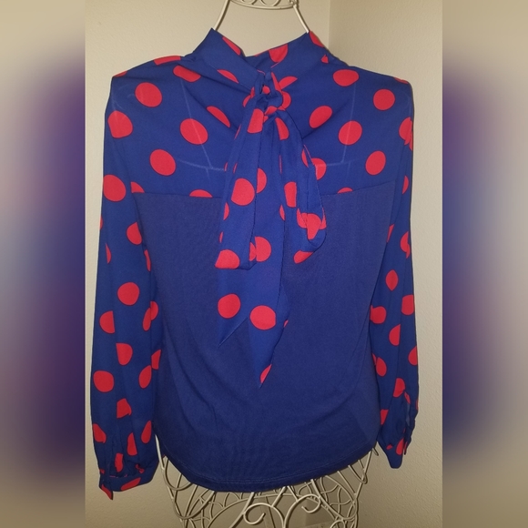 New York and Company Polka-Dot Bow-Front Mixed Media Top NWT - Picture 3 of 4